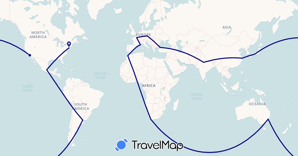 TravelMap itinerary: driving in Argentina, Australia, China, Czech Republic, Spain, France, India, Japan, Morocco, Mexico, Turkey, United States, South Africa (Africa, Asia, Europe, North America, Oceania, South America)